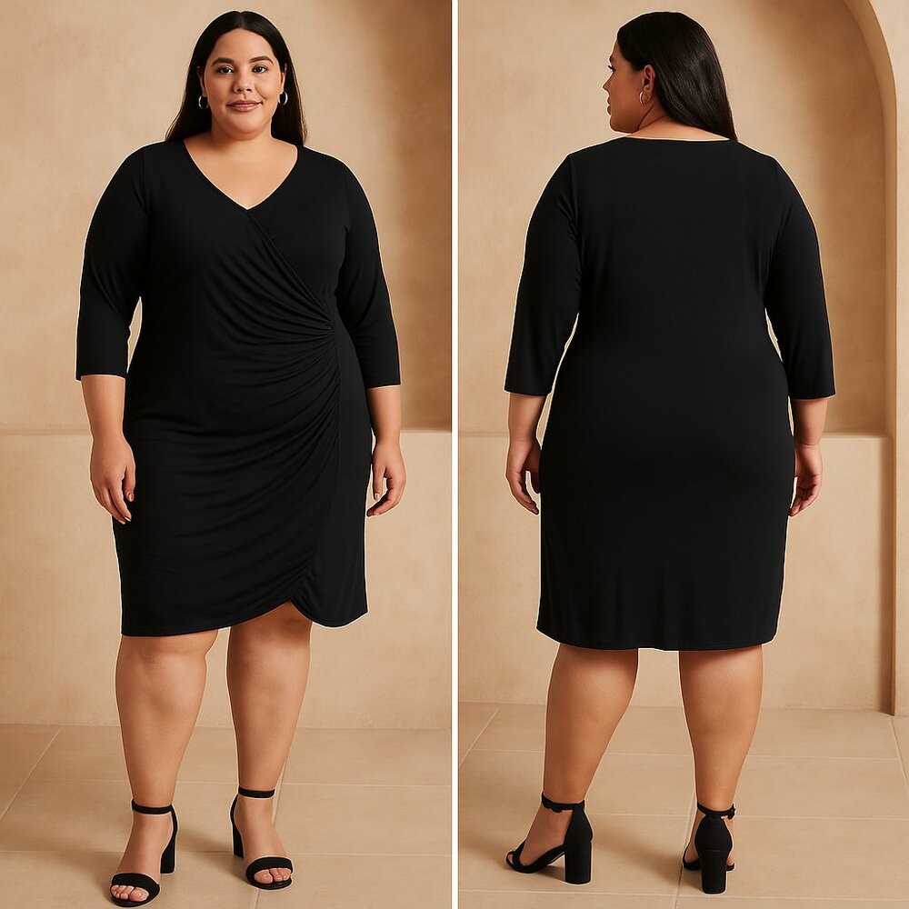 Ava & Viv Black Ruched 3/4‎ Sleeve Dress W-1X